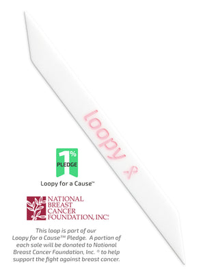 The Loopy Cases Breast Cancer Awareness White with Pink Text Special Edition Super Loop, with a description of our partnership with National Breast Cancer Foundation, Inc.