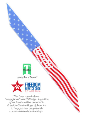 The Loopy Cases Stars & Stripes Special Edition Super Loop, with a description of our partnership with Freedom Service Dogs of America.