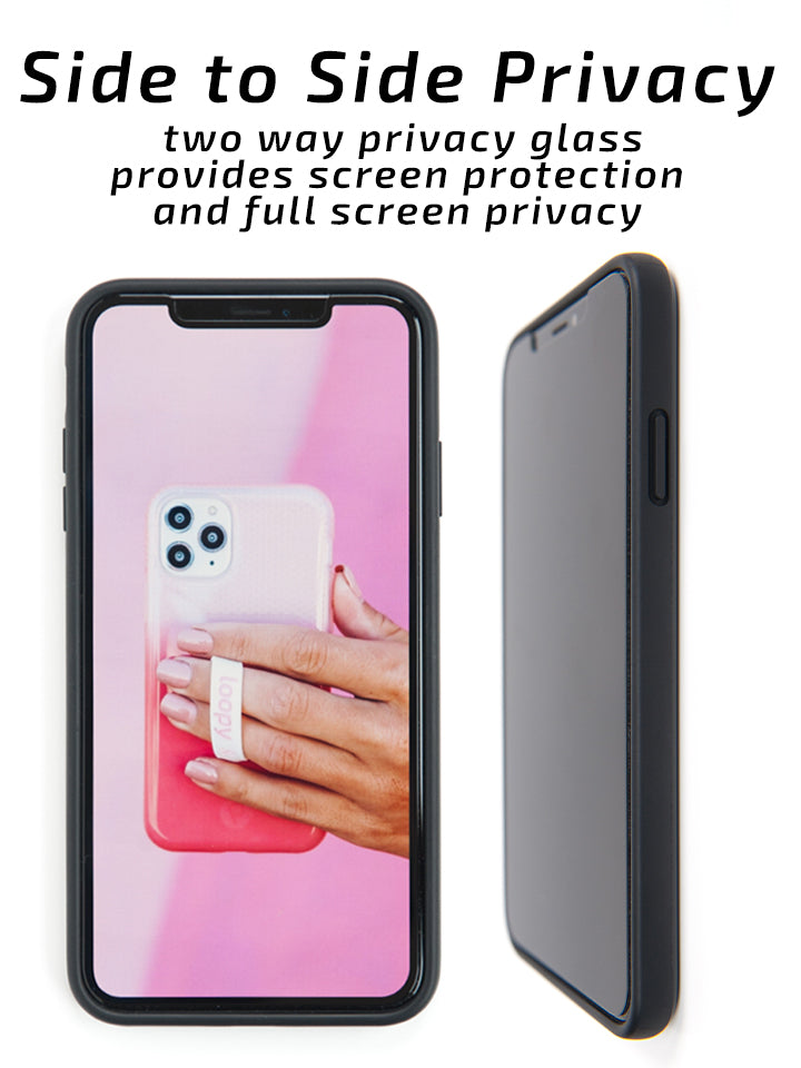 A photo showing how the Loopy Cases Privacy Screen Tempered Glass provides screen protection and full screen privacy. || feature-media