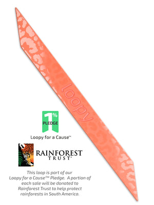 The Loopy Cases Etched Coral Leopard Super Loop, with a description of our partnership with Rainforest Trust.