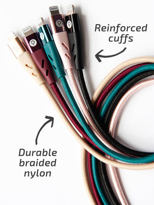 A photo showing the reinforced cuffs and durable braided nylon on the Loopy Cases Charging Cables.