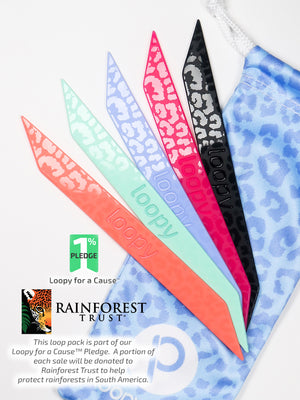 The Loopy Cases Etched Leopard Loop Pack with a description of our partnership with Rainforest Trust.
