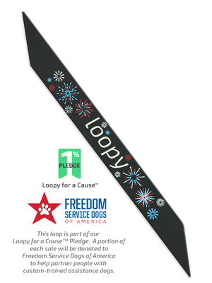 The Loopy Cases Fireworks Special Edition Super Loop, with a description of our partnership with Freedom Service Dogs of America.
