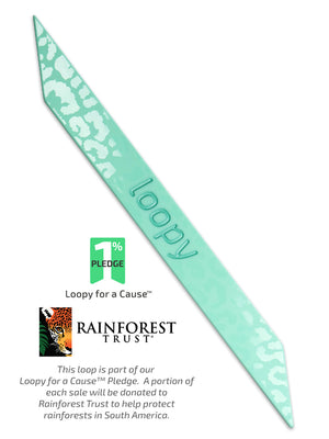 The Loopy Cases Etched Mint Leopard Super Loop, with a description of our partnership with Rainforest Trust.