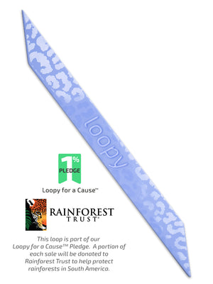 The Loopy Cases Etched Periwinkle Leopard Super Loop, with a description of our partnership with Rainforest Trust.