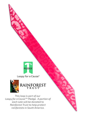 The Loopy Cases Etched Pink Leopard Super Loop, with a description of our partnership with Rainforest Trust.
