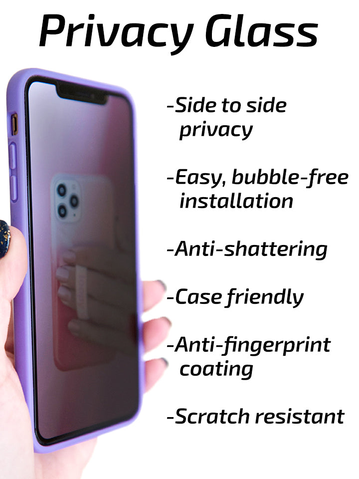 A photo listing the features of the Loopy Cases Privacy Screen Tempered Glass.|| feature-media
