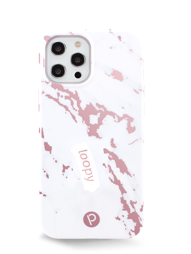 The iPhone 12 Pro Max Rose Marble Metallic Loopy Case.