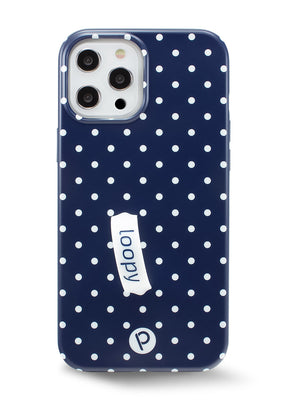 The iPhone 12 Pro Max Navy Polka Dot Loopy Case.