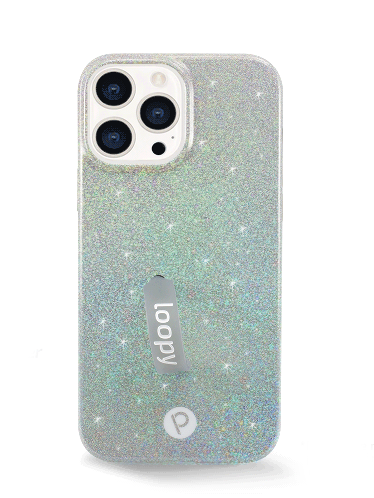 The iPhone 13 Pro Max Sparkle Silver Loopy Case.