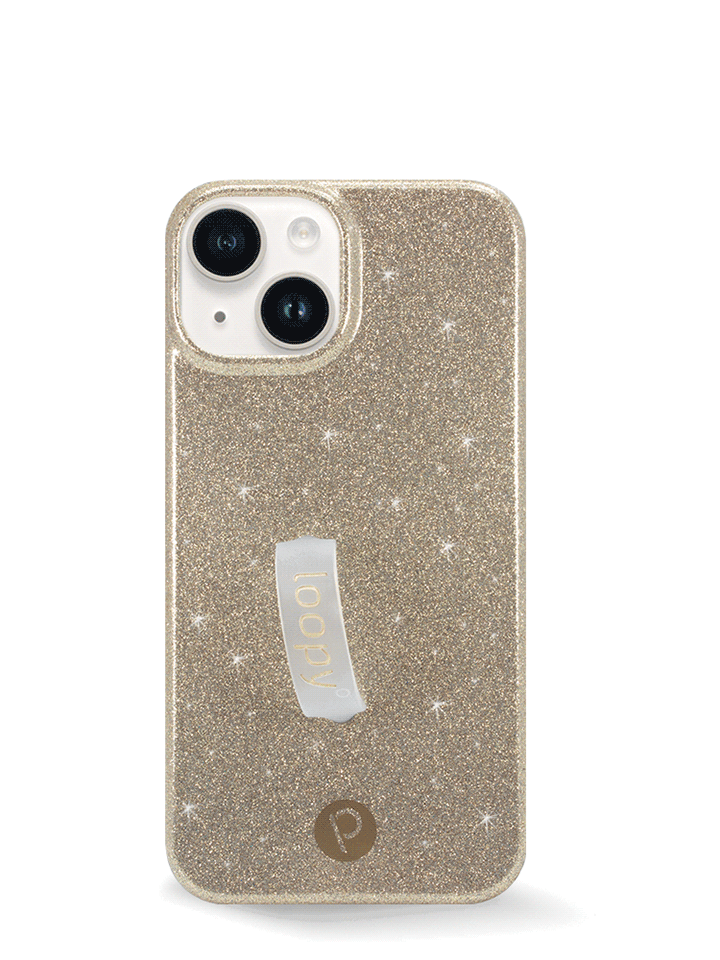 The iPhone 14 Champagne Sparkle Loopy Case.