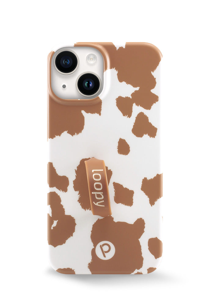 The iPhone 14 Brown Cow Print Loopy Case.