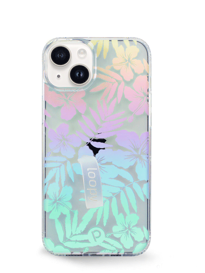 The iPhone 14 Plus Clear Pearl Paradise Loopy Case.