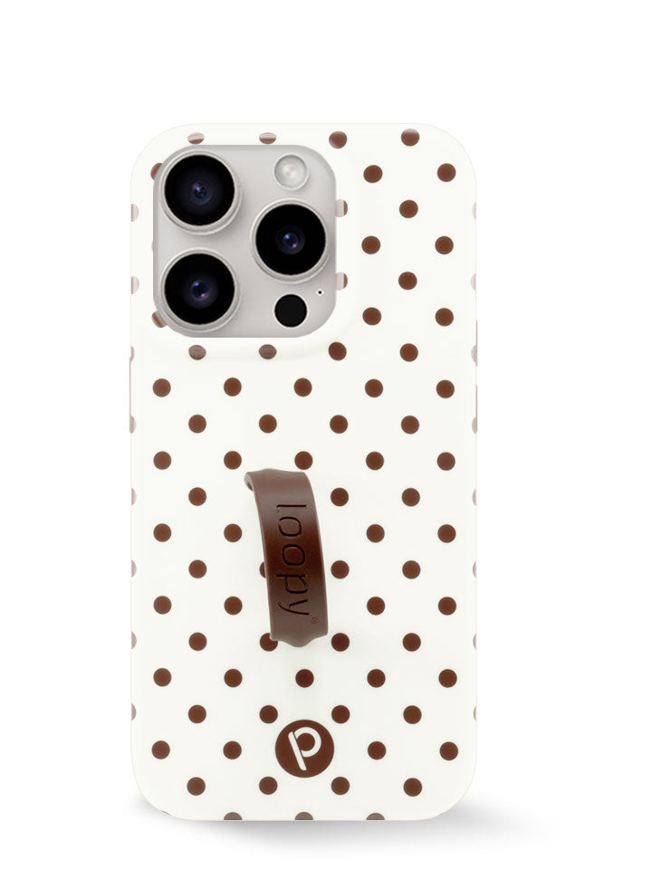 The iPhone 15 Pro Cocoa Dots Loopy Case.