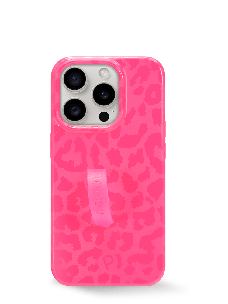 The iPhone 15 Pro Hot Pink Leopard Loopy Case.