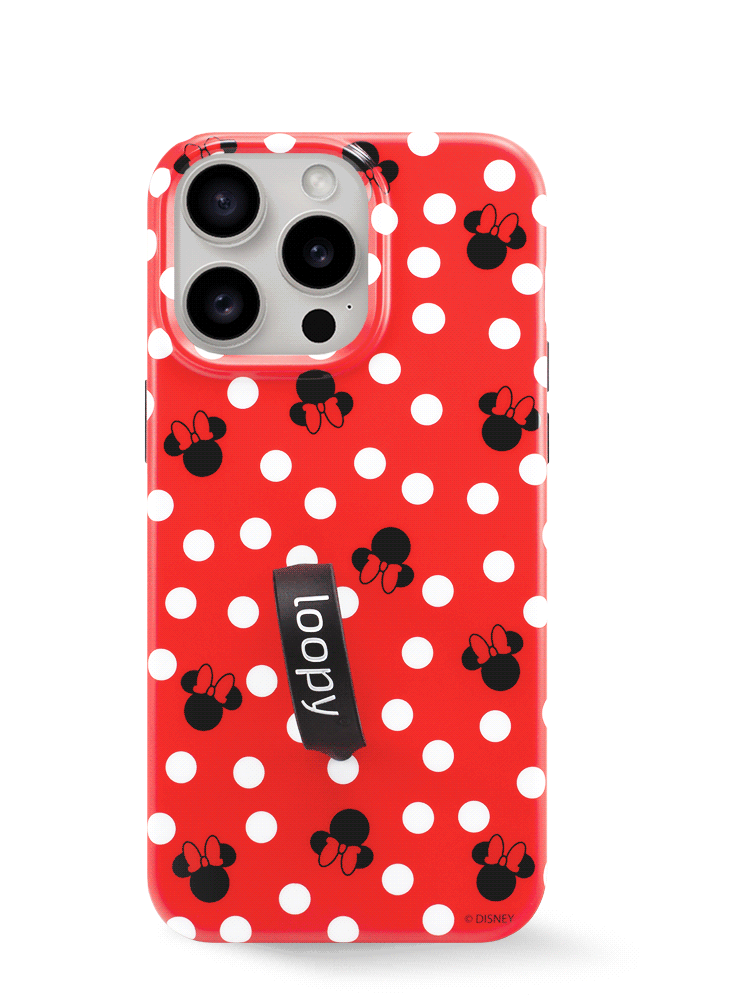 The iPhone 15 Pro Max Red Polka Dot Minnies Loopy Case.