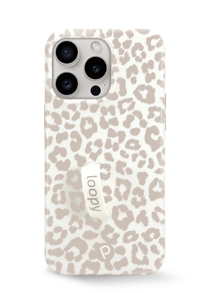 The iPhone 15 Pro Max Taupe Leopard Loopy Case.