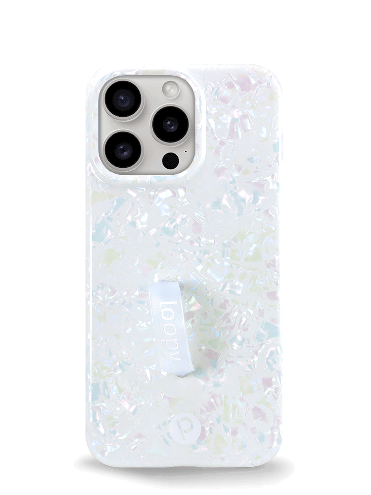 The iPhone 15 Pro Max White Opal Shell Loopy Case.