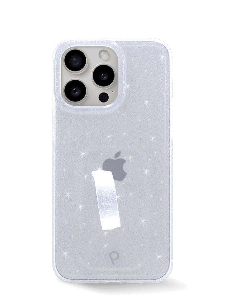 The iPhone 15 Pro Max Clear Sparkle Silver Loopy Case.