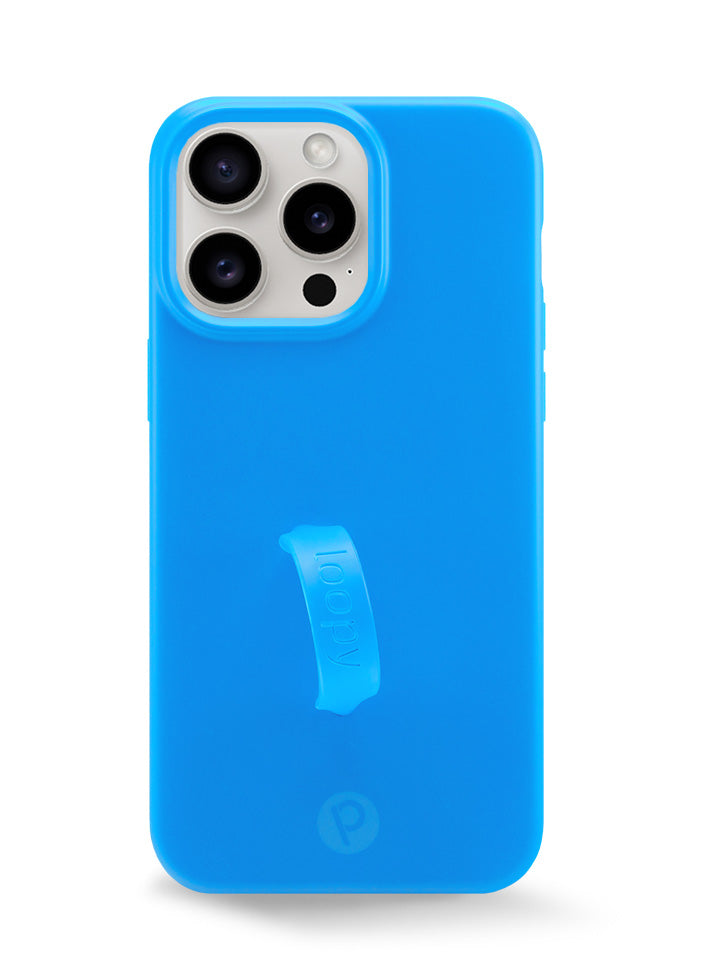 The iPhone 15 Pro Max Neon Cyan Loopy Case.