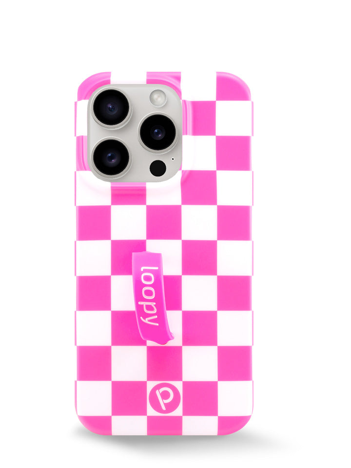 The iPhone 15 Pro Pink Checkered Loopy Case.
