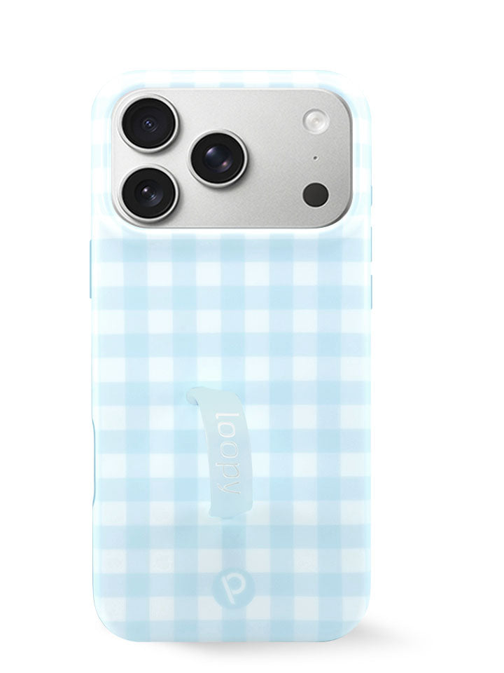 The iPhone 17 Pro Max Blue Gingham Loopy Case.