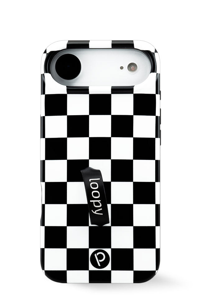 The iPhone 17 Air Black and White Checkered Loopy Case.