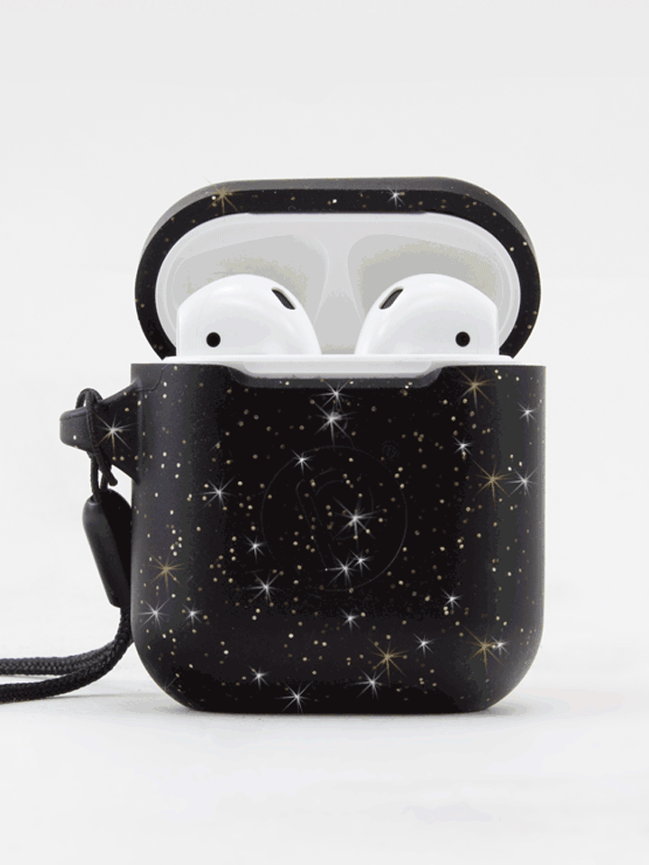The Loopy Cases Sparkle Black Gold Apple AirPods case.