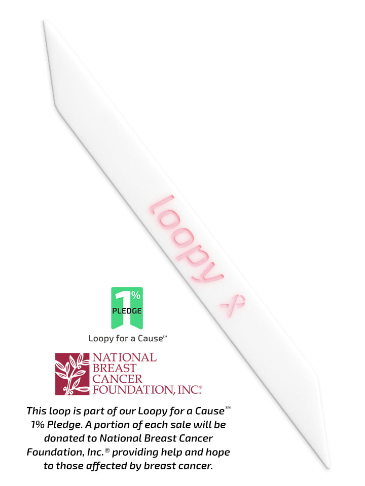 The Loopy Cases Breast Cancer Awareness White with Pink Text Special Edition Super Loop, with a description of our partnership with National Breast Cancer Foundation, Inc.