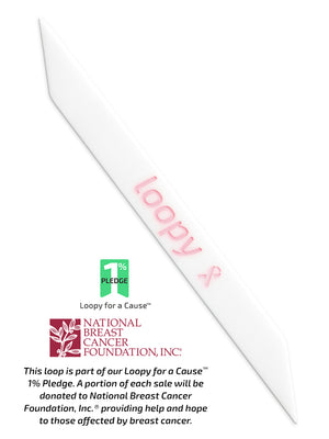 The Loopy Cases Breast Cancer Awareness White with Pink Text Special Edition Super Loop, with a description of our partnership with National Breast Cancer Foundation, Inc.