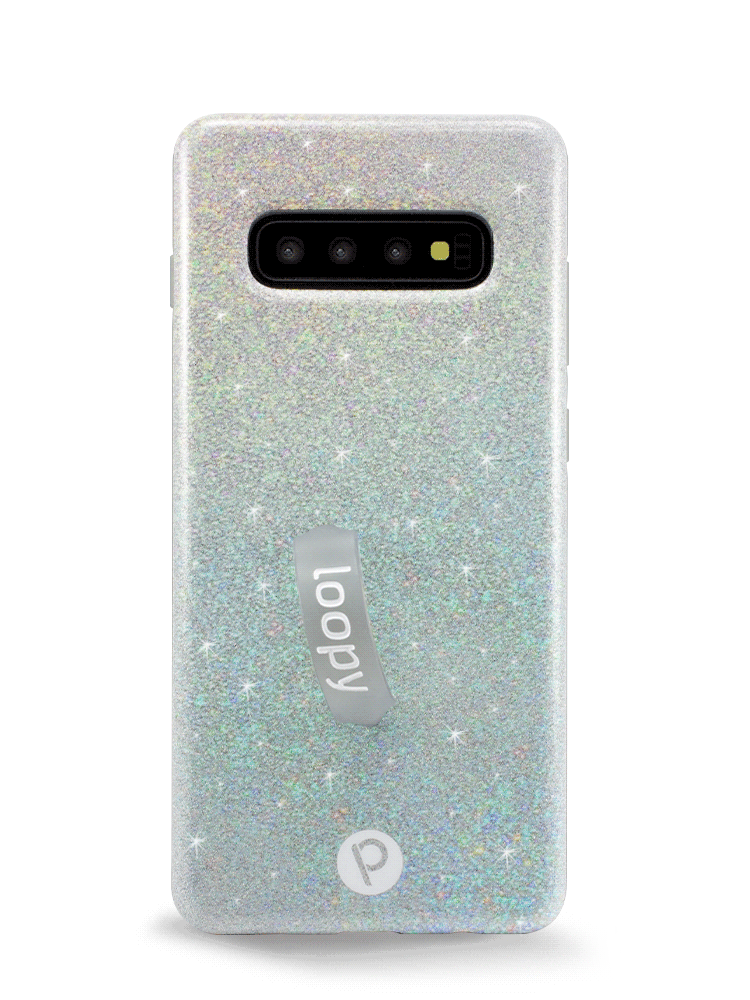 The Samsung Galaxy S10 Plus Sparkle Silver Loopy Case.