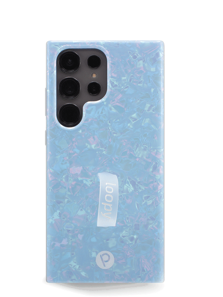 The Samsung Galaxy S23 Ultra Blue Opal Shell Loopy Case.