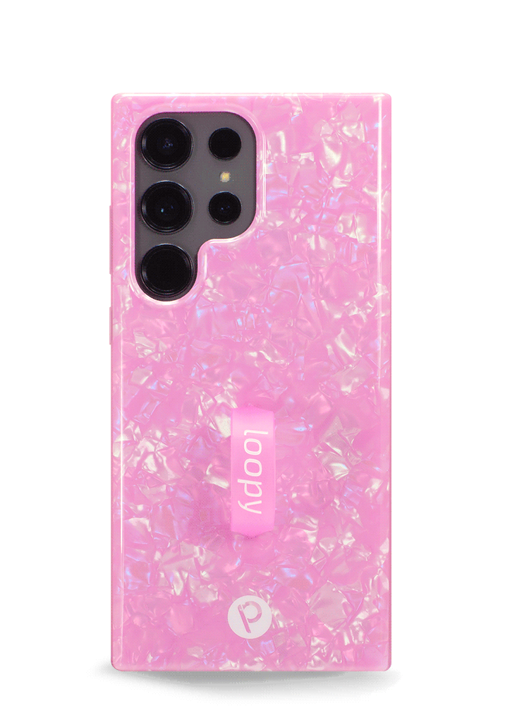 The Samsung Galaxy S23 Ultra Pink Opal Shell Loopy Case.