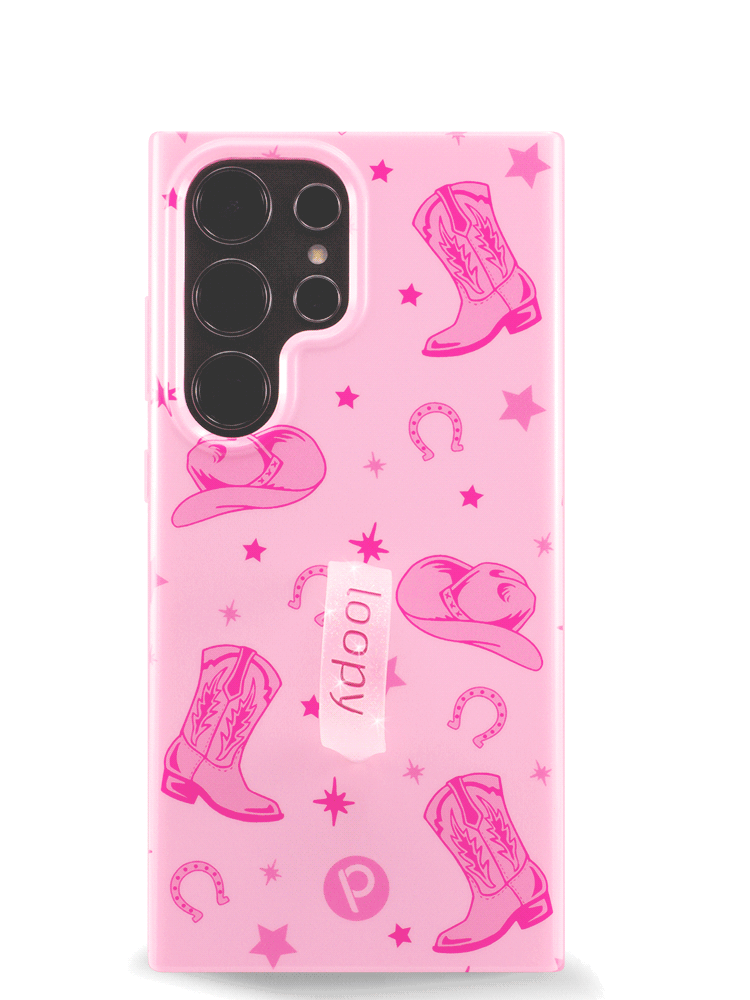 The Samsung Galaxy S24 Ultra Pink Boots Loopy Case. 