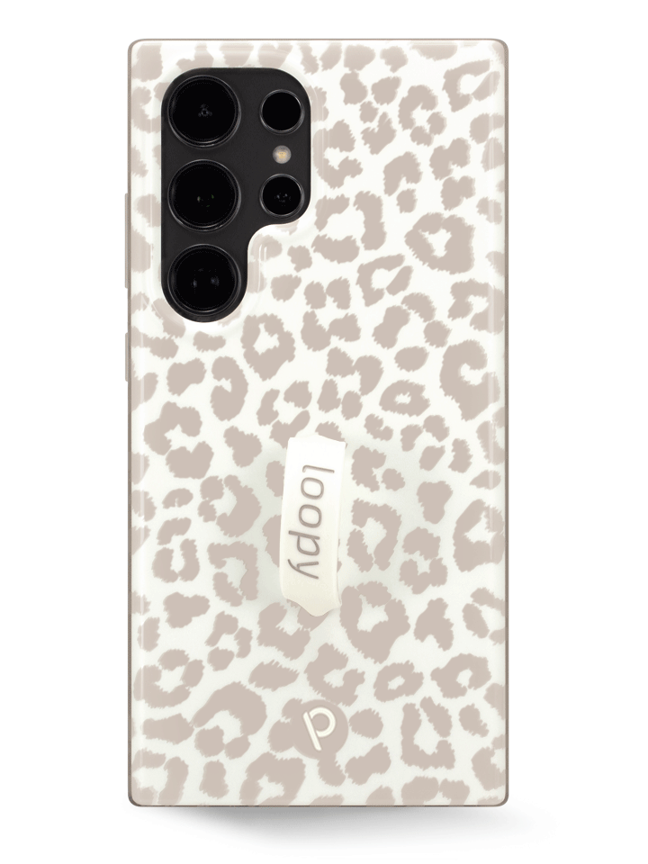 The Samsung Galaxy S24 Ultra Taupe Leopard Loopy Case.