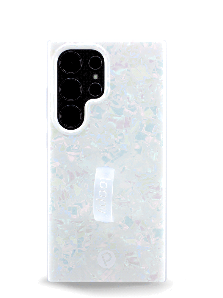 The Samsung Galaxy S24 Ultra White Opal Shell Loopy Case.