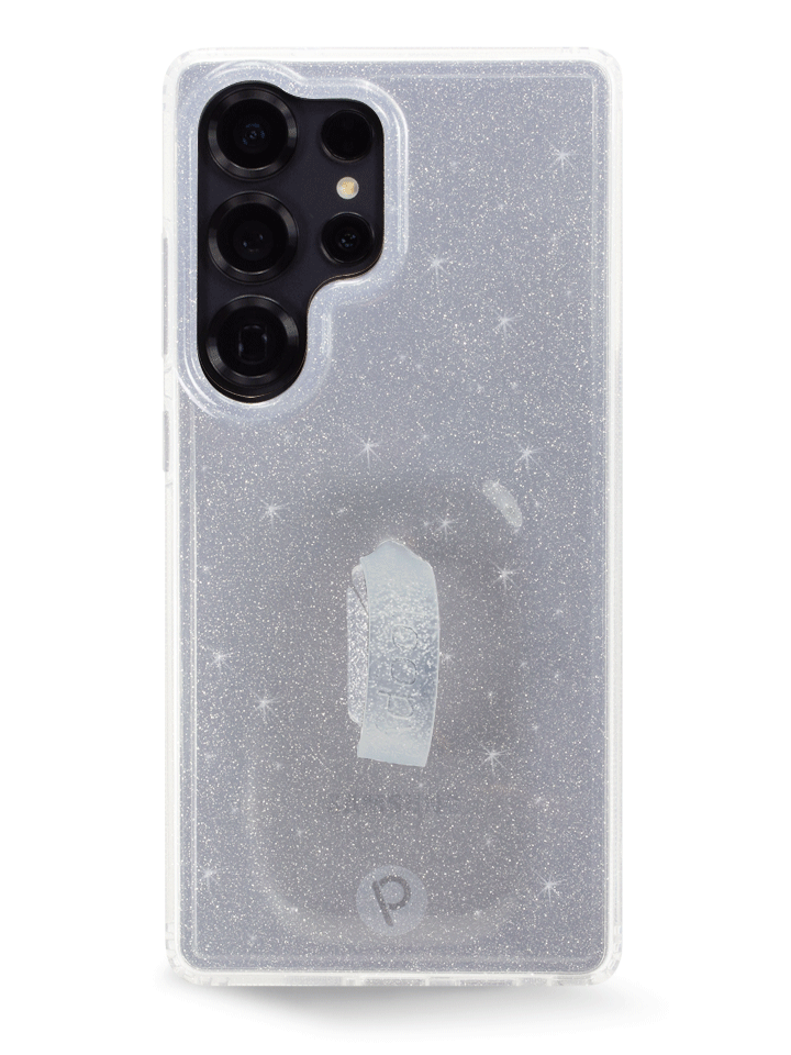 The Samsung Galaxy S25 Ultra Clear Sparkle Silver Loopy Case.