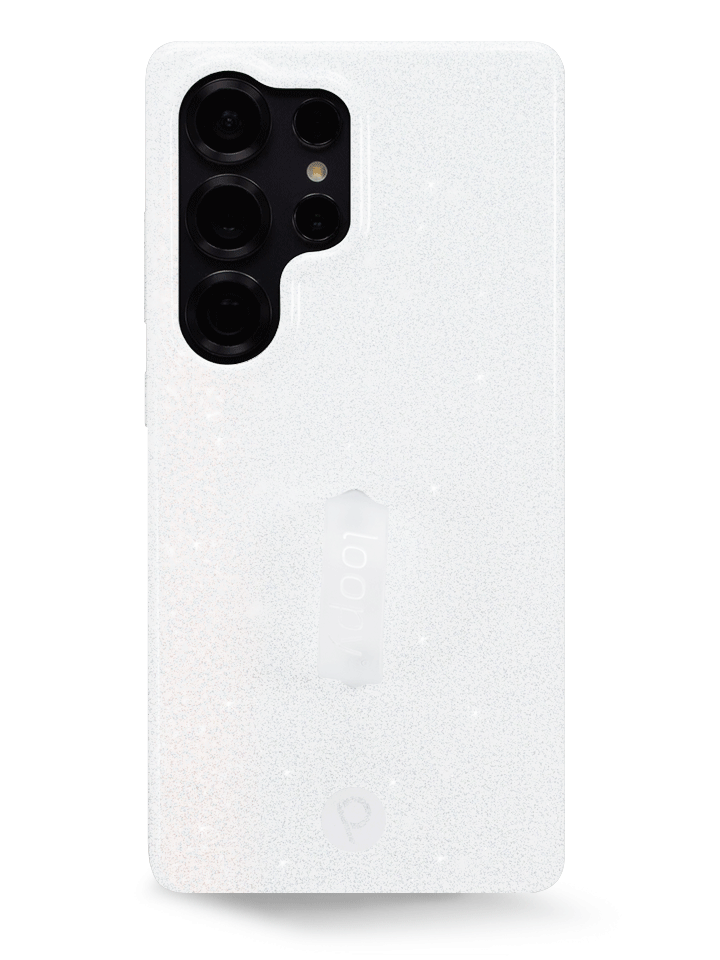 The Samsung Galaxy S25 Ultra White Shimmer Loopy Case.