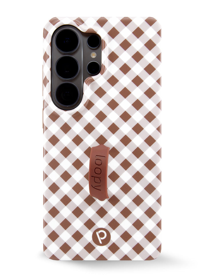 The Samsung Galaxy S26 Ultra Brown Gingham Loopy Case.