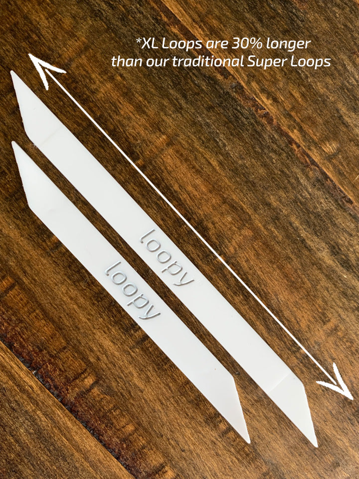 A photo showing how the Loopy Cases XL Loops are 30% longer than the traditional Loopy Cases Super Loops.