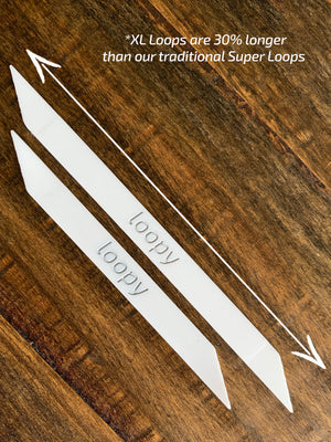 A photo showing how the Loopy Cases XL Loops are 30% longer than the traditional Loopy Cases Super Loops.