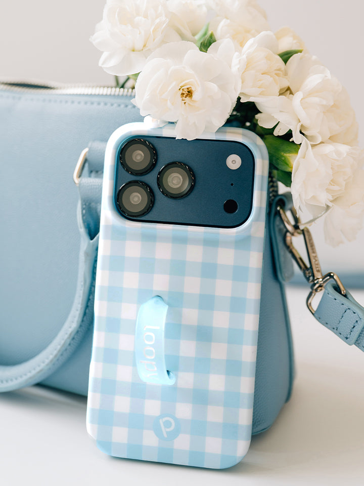 A Blue Gingham Loopy Case. || feature-media