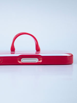A close up of the bumper on a Cranberry Stripes Loopy Case. || feature-media