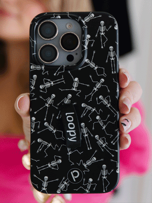 A gif of a woman holding a Boogie Bones Loopy Case that shows the case when not glowing and glowing. || feature-media