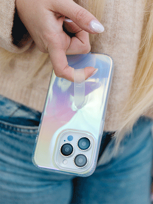 A woman holding a Clear Opal Loopy Case.|| feature-media