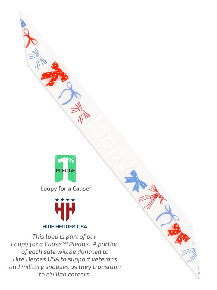 The Loopy Cases Patriotic Bows Loop with a description of our partnership with Hire Heroes USA.