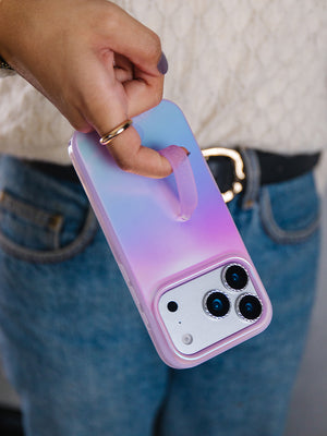 A woman holding a Lavender Pearl Loopy Case. || feature-media