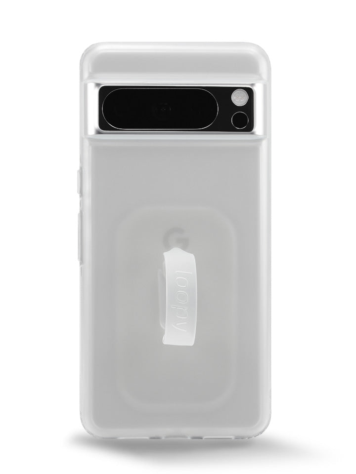 The Pixel 8 Pro Matte Clear Loopy Case.
