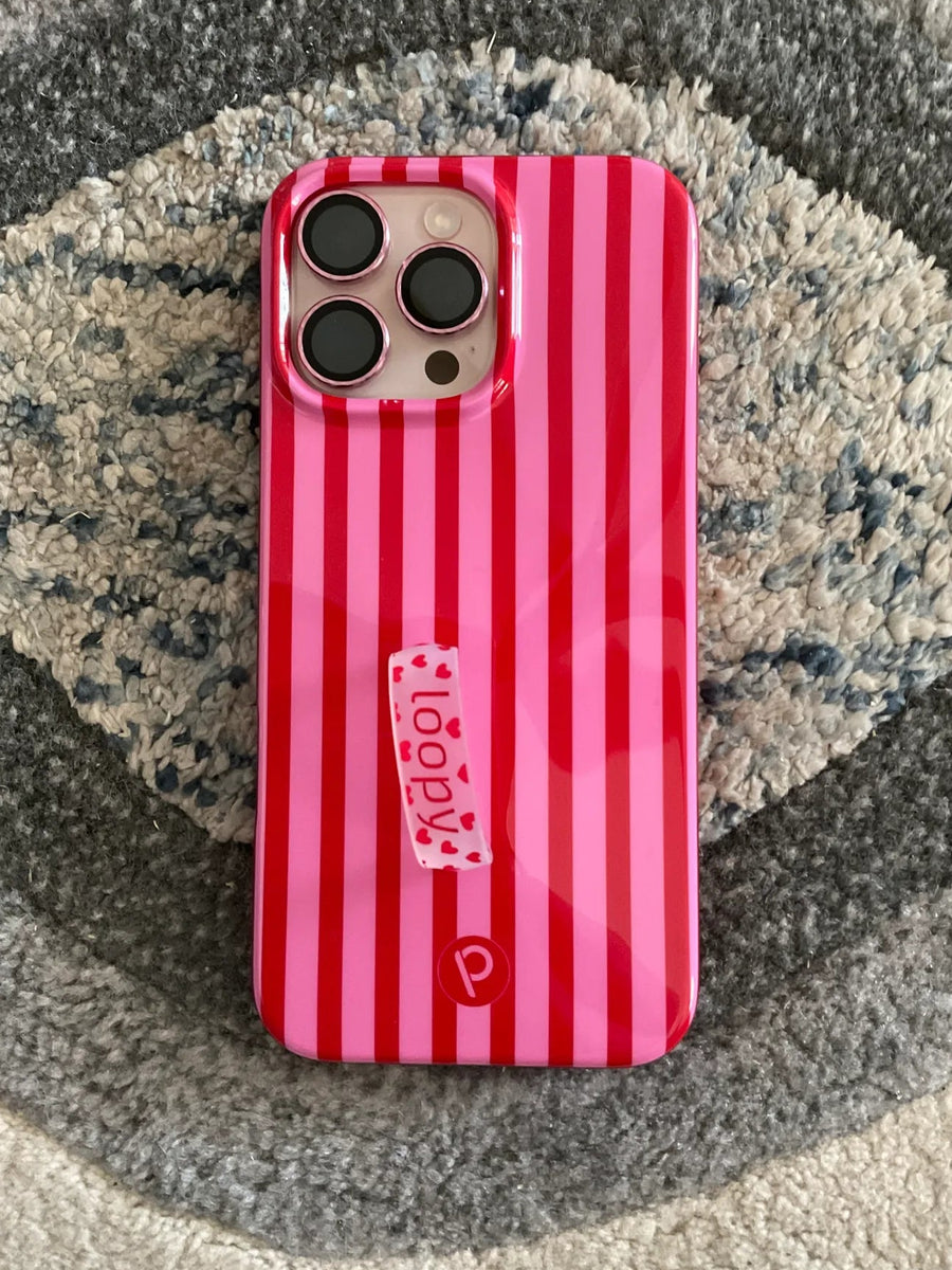 Pink striped phone case with a logo