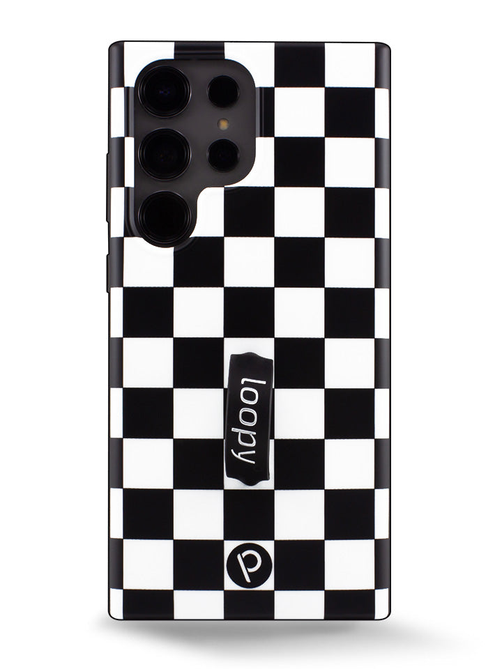 The Samsung Galaxy S23 Ultra Black and White Checkered Loopy Case.
